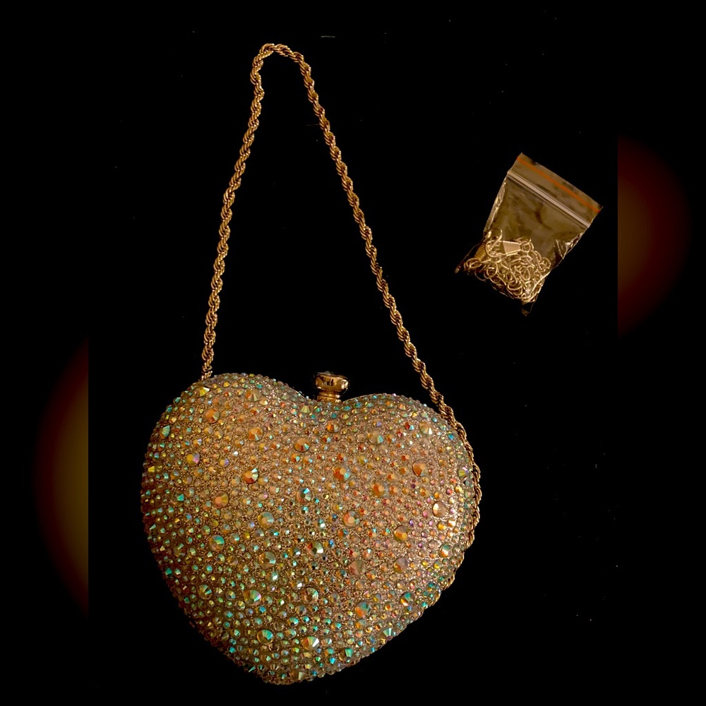 Gold Crystal Embellished Heart Clutch